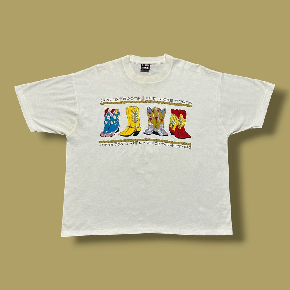 Vintage 90s Cowboy Boots Western Tee White Shirt 90s Texas Womens XL